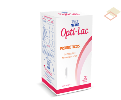 Nestlé® OPTI-LAC®. Contiene Lactobacillus fermentum LC40®, caja con 30 tabletas.