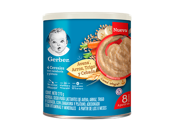 Gerber® Cereal infantil, 4 cereales con zanahoria y plátano, 7 meses