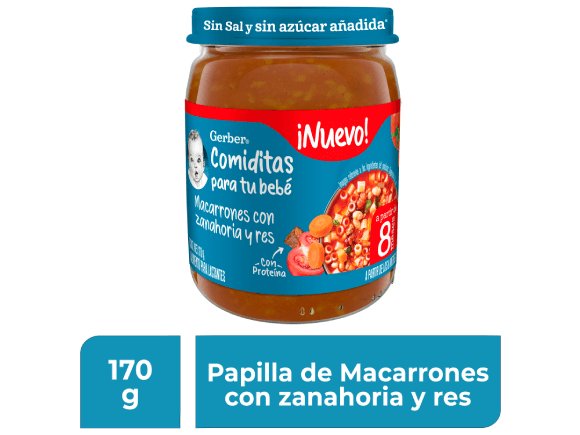 Gerber Papilla Macarrones con Zanahoria y Res, Etapa 3, 170 g